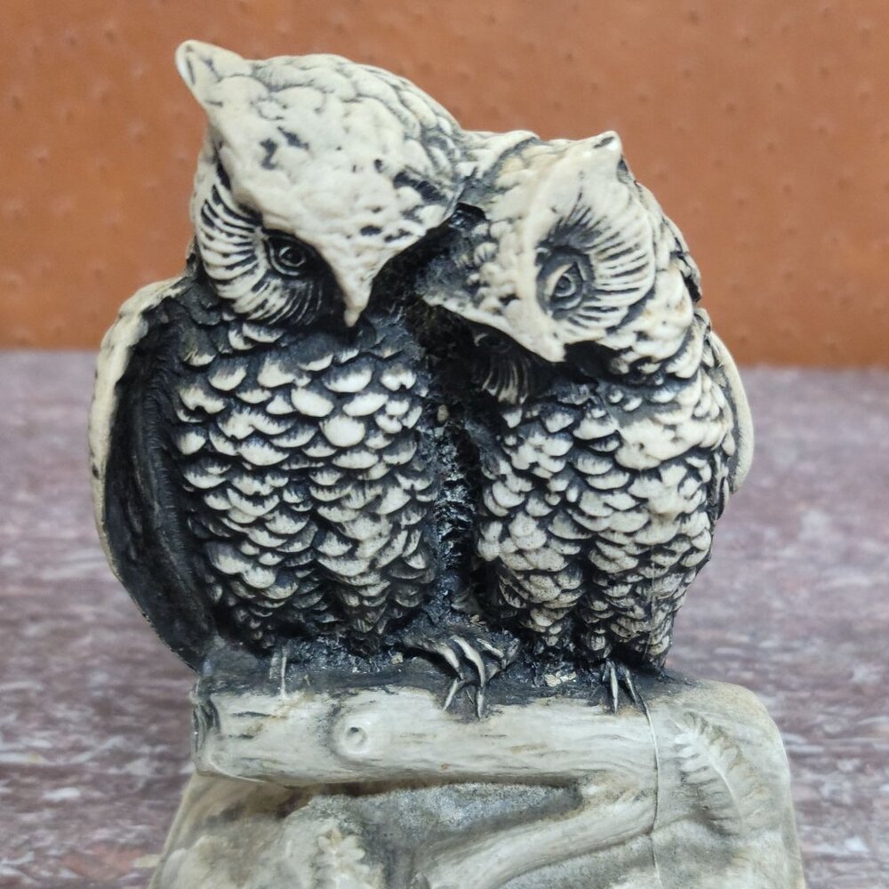 Vintage Hand Painted Owls Cuddling on a Branch Figurine